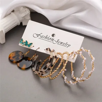 Colorful Pearl Butterfly Leopard Hoop Earrings Set (5 pairs)